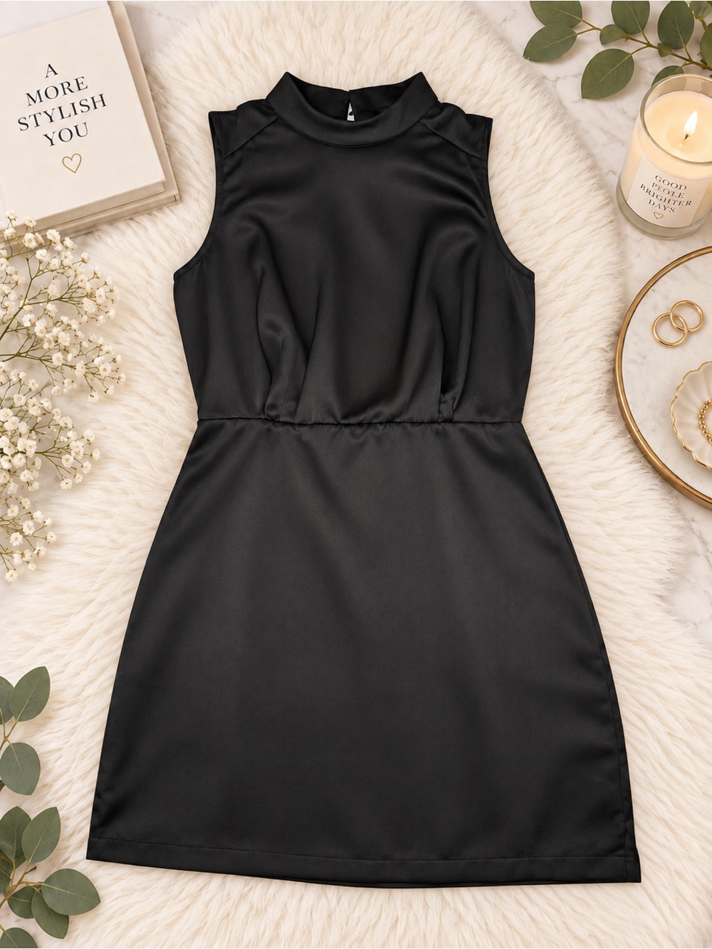 🖤 Black Satin Mock Neck Mini Dress